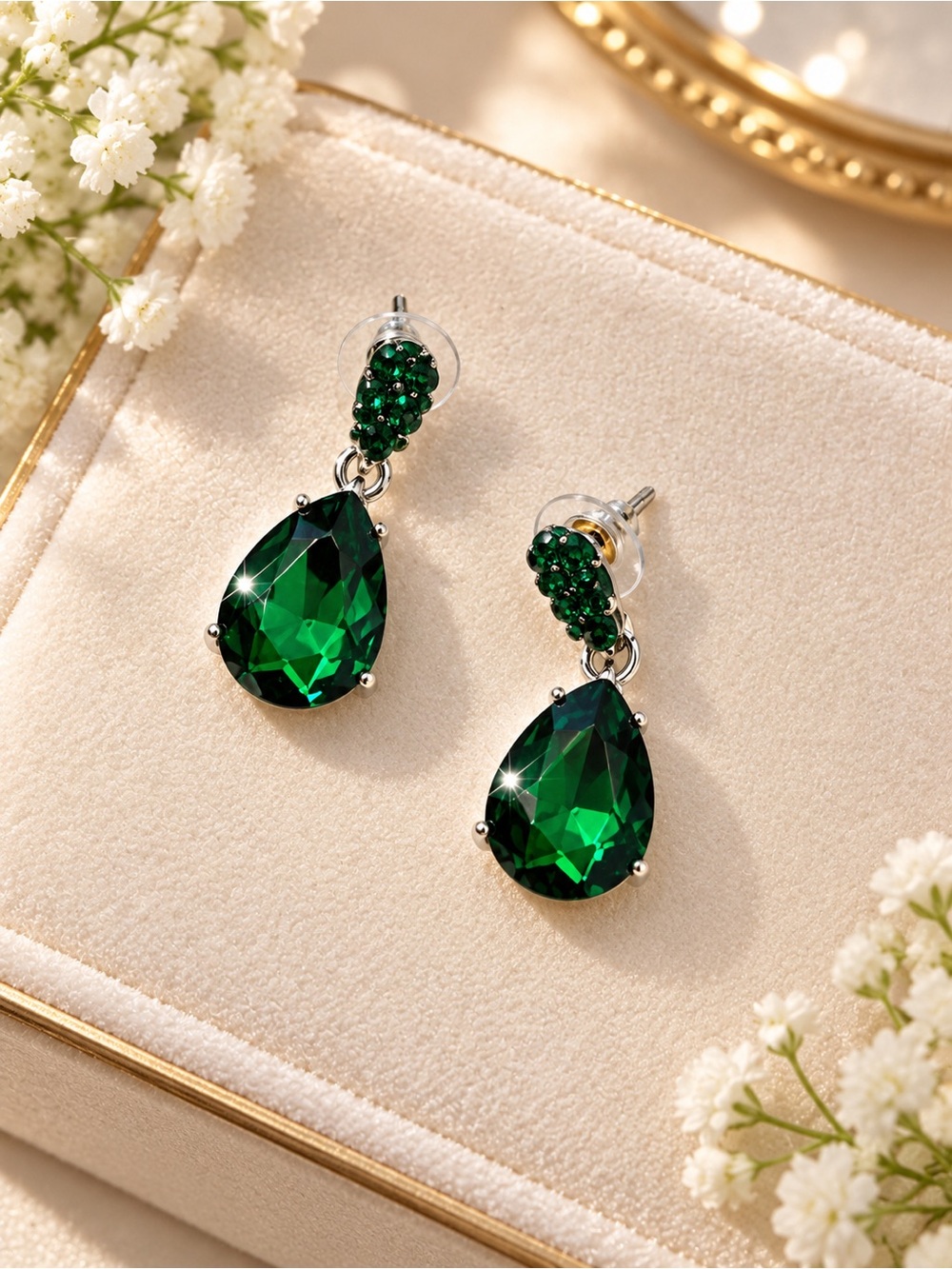 Emerald Teardrop Crystal Drop Earrings - Green